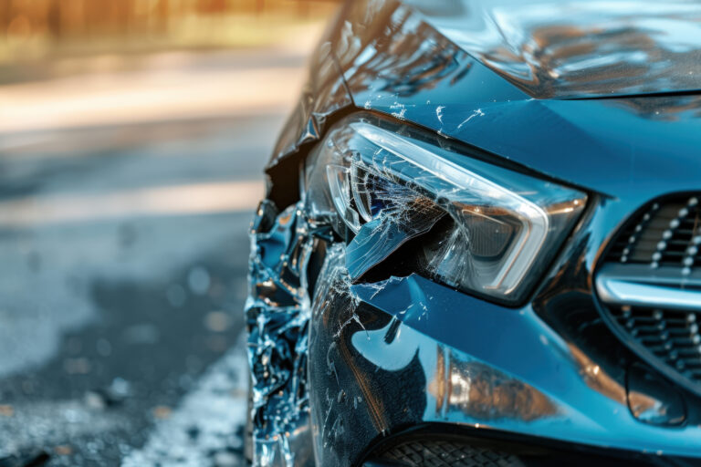 Close-up of a damaged modern car after a traffic accident, with the focus on the broken headlight