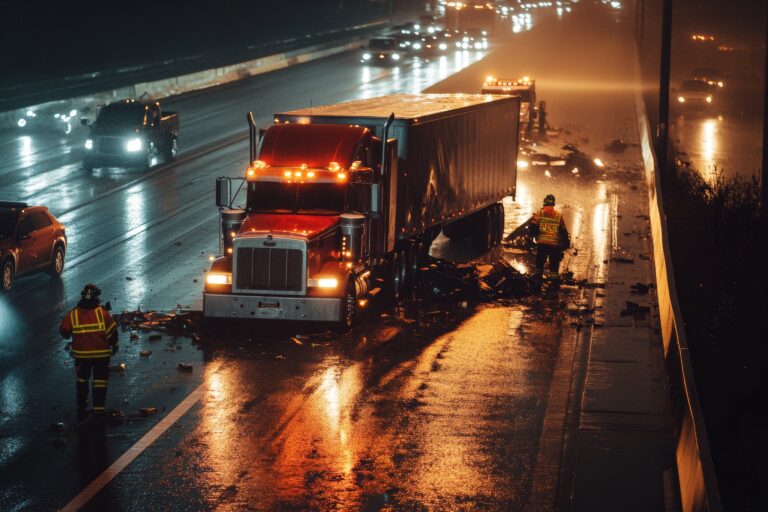 Semi-trailer-truck-crash-on-wet-freeway