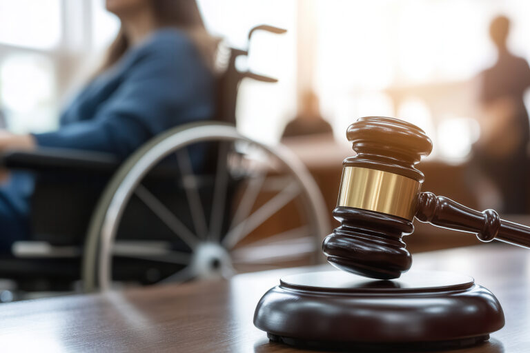 Gavel on a desk with person in wheelchair in background