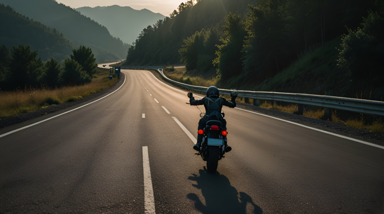 motorbike-driving-empty highway-mountains